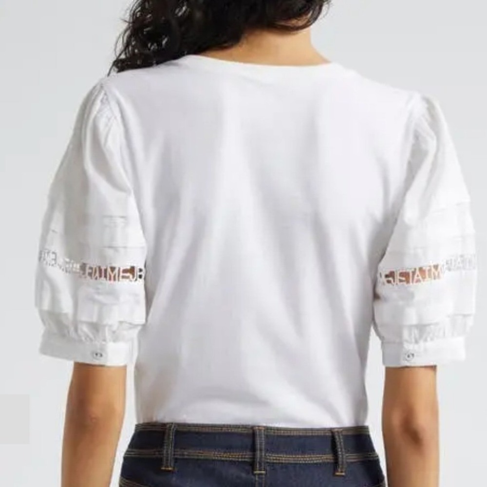 Cinq a Sept Corianna Puff Pleated Sleeve Je Taime Embroidered Tee White Small - Picture 2 of 10